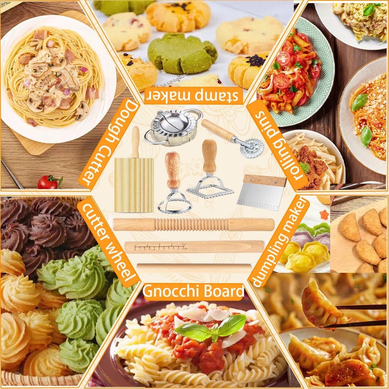 Eyskutvjc Pasta Making Tools,Wood Pasta Making Kit with 3 Rolling Pins,Gnocchi Board,Dough Cutter,Ravioli Cutter,2 Pasta Stamps,Making Dumplings.Pasta Making Accessories for Home (9 piece) - Image 5